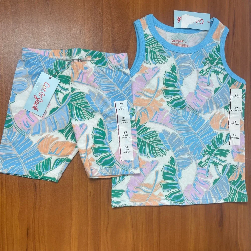 Cat & Jack Girls 3T Tropical Palm Leaf Tank Top and Bike Shorts Set NWT